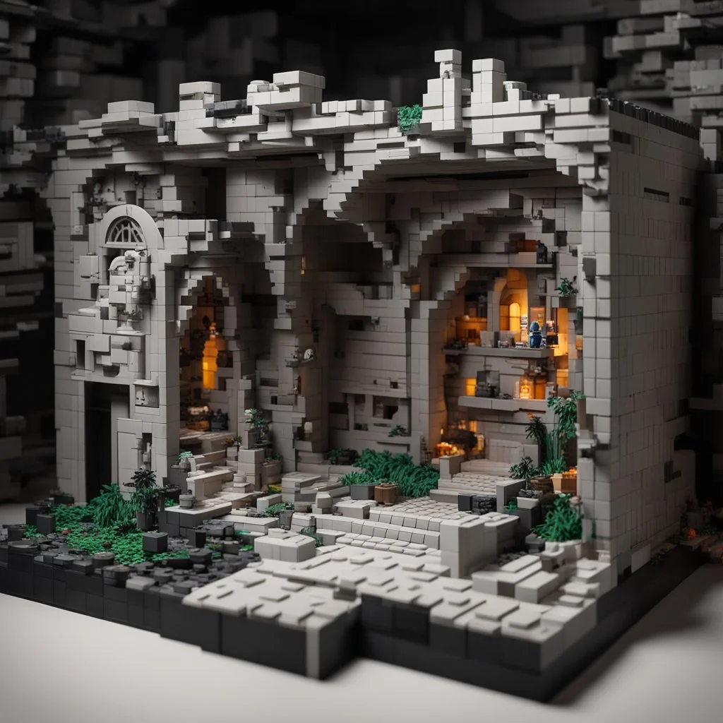 photorealistic catacombs made of lego blocks and screamer frogshop