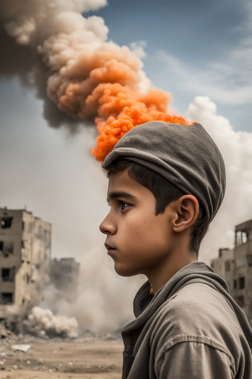 portrait in profile of a young palestinian boy with an orange conedison his head. Large clouds of smoke rise from the land of gaza . With demolished buildings in the background. Made in the palestinian style