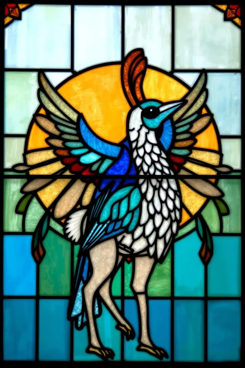 vitrail d'un geai bleu ailes déployées et d'un lama art déco d'après mucha