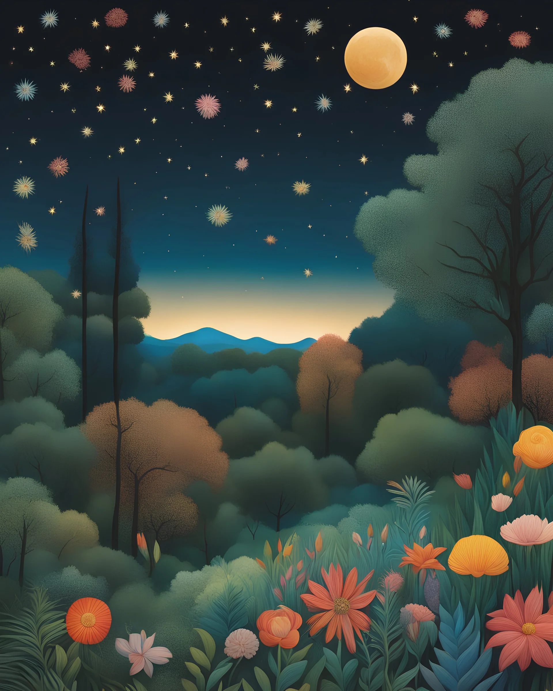 Colourful, peaceful, Henri Rousseau, night sky filled with galaxies and stars, animals, trees, flowers, one-line drawing, sharp focus, 8k, 3d, intricate, ornate