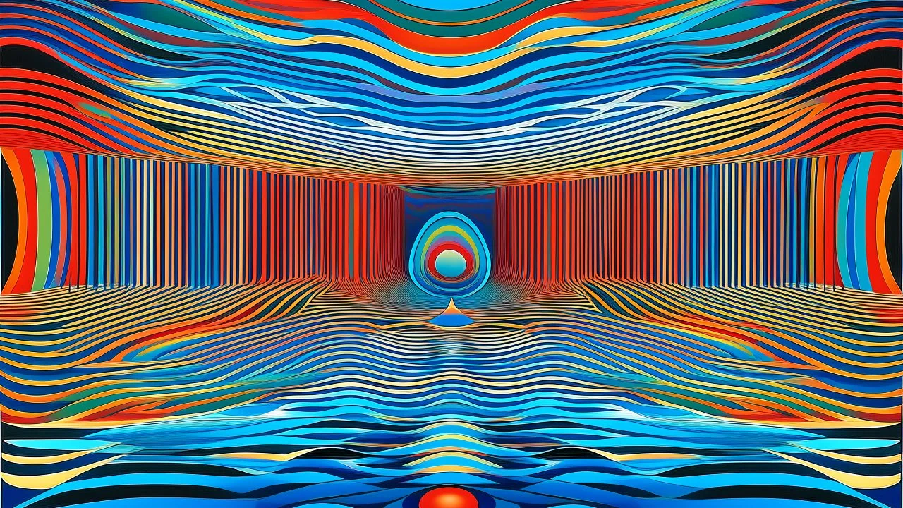 Superposiciones transparentes y degradados que generan "efecto de agua quieta pero tridimensional": ondulaciones que sugieren profundidad pero son completamente planas al análisis retiniano. Expansión y contracción rítmicas sin movimiento real. Estilo de Op Art acuático abstracto. Interés por la percepción subconsciente de fluidos.