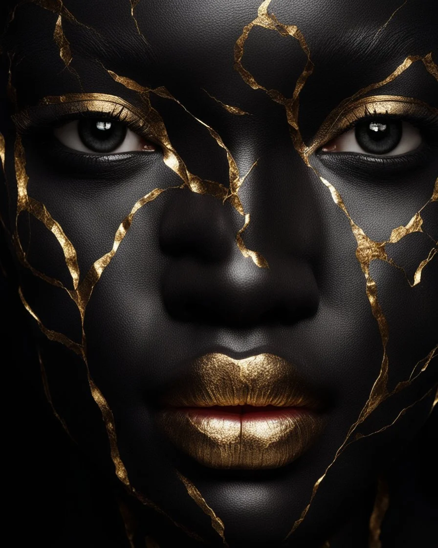 a beautiful black woman face made of kintsugi seam, photo realistic, 16K