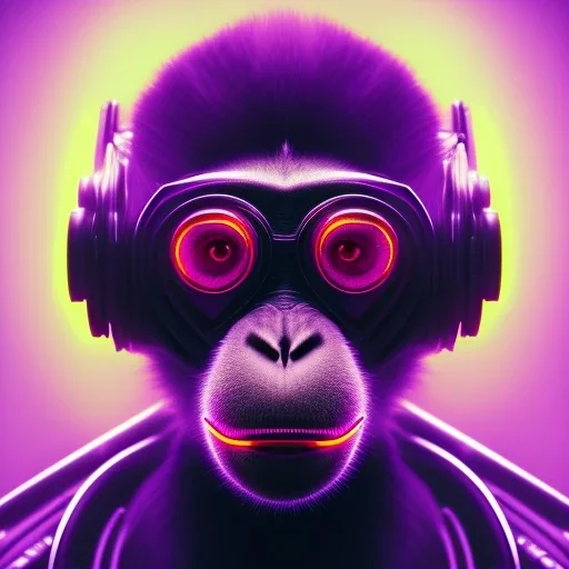 A beautiful portrait of a cyborg monkey purple neon color scheme, high key lighting, volumetric light high details psychedelic background