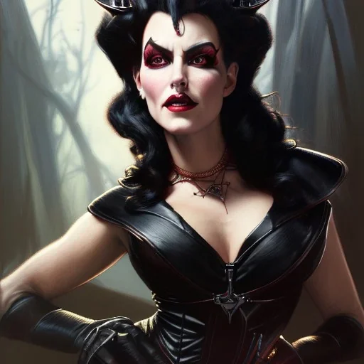 painting of evil queen in black leather, angry, strong, volouptous, busty, cleavage, emperious, mature, highly detailed, digital painting, artstation, concept art, smooth, sharp focus, illustration, art by gaston bussiere and alphonse mucha