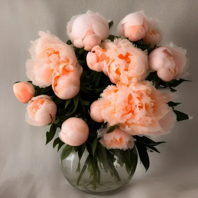 cinematic shot of peonies made from peach tulle in a glass bowl, warm lighting, soft lighting, sunbeam, linen, luxurious, crystal