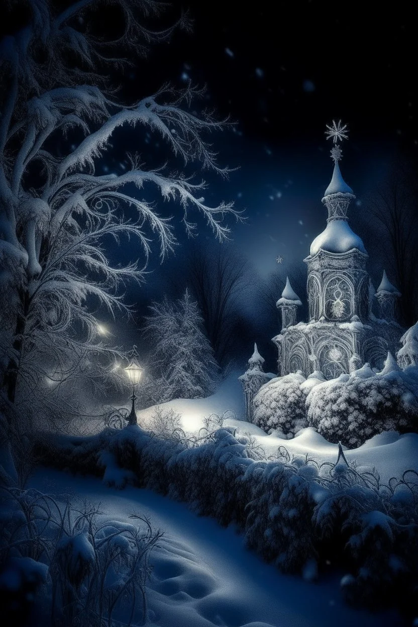 fairy tale, magical winter night, snow, filigree, beautiful, aesthetically pleasing