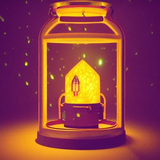 glowing fireflies in a lantern, many ghostly lights inside a belljar, fairy lights, polaroid, symmetry, bioluminescence, luminescent glow, moody, tender, photorealistic, octane render, golden hour