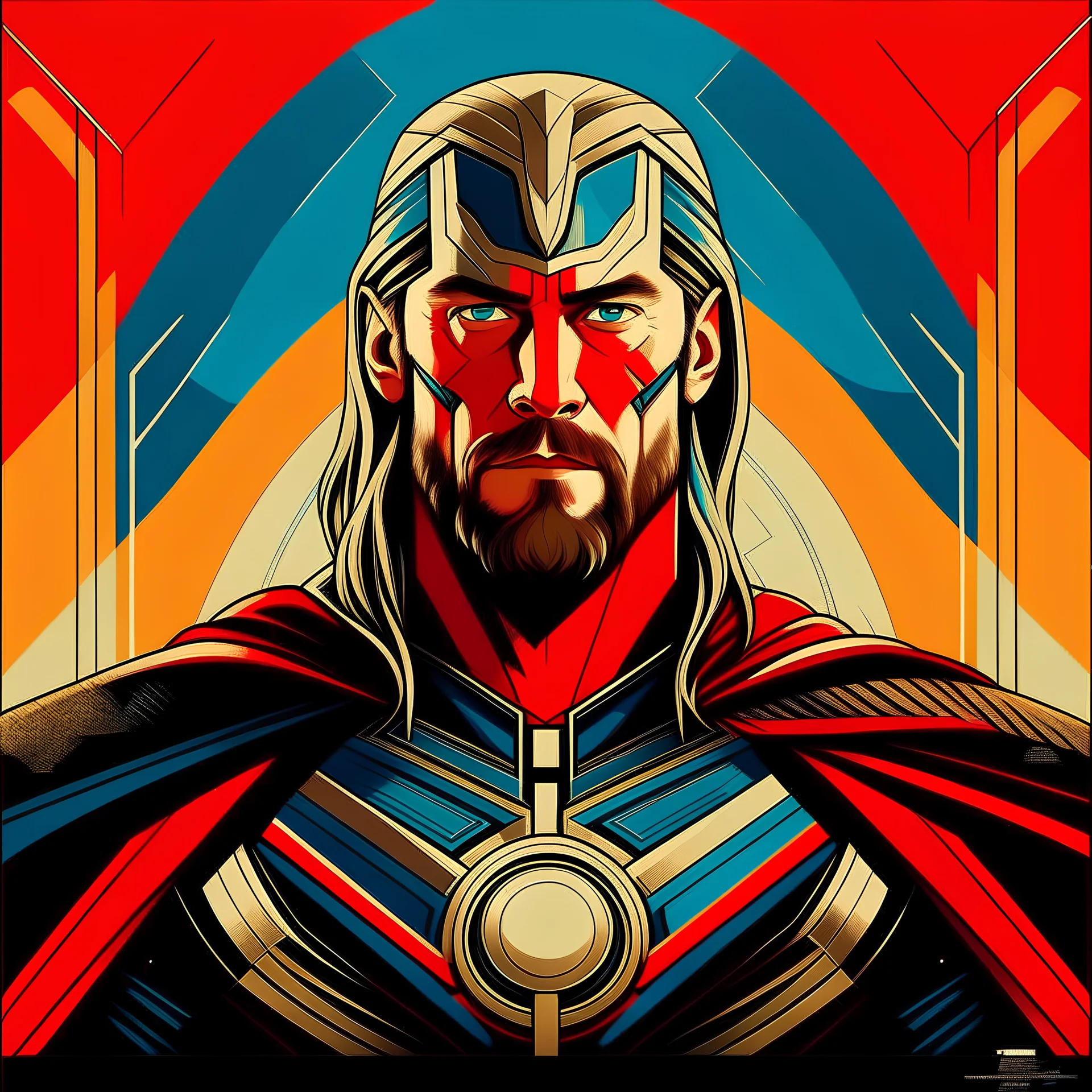 Create a high-definition art-deco style image of a character inspired by MCU's Thor. The image should feature bold, streamlined geometric shapes and a limited color palette of four striking colors that reflect the character's traditional color scheme. The character should be positioned front. The background should incorporate stylized art-deco movement.