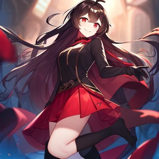 Clear focus,High resolution,High quality, Smiling, Black shirt with a red collar, Wearing a red skirt, Wearing black long socks, Black Long hair with a ahoge, Red eyes, Wearing black gloves