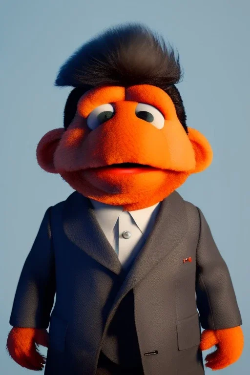 Waist up muppet Portrait, Kim Jong-un as muppet doll, black suit, photo studio, blue background, unreal engine 5, concept art, art station, god lights, ray tracing, RTX, lumen lighting, ultra detail, volumetric lighting, 3d.