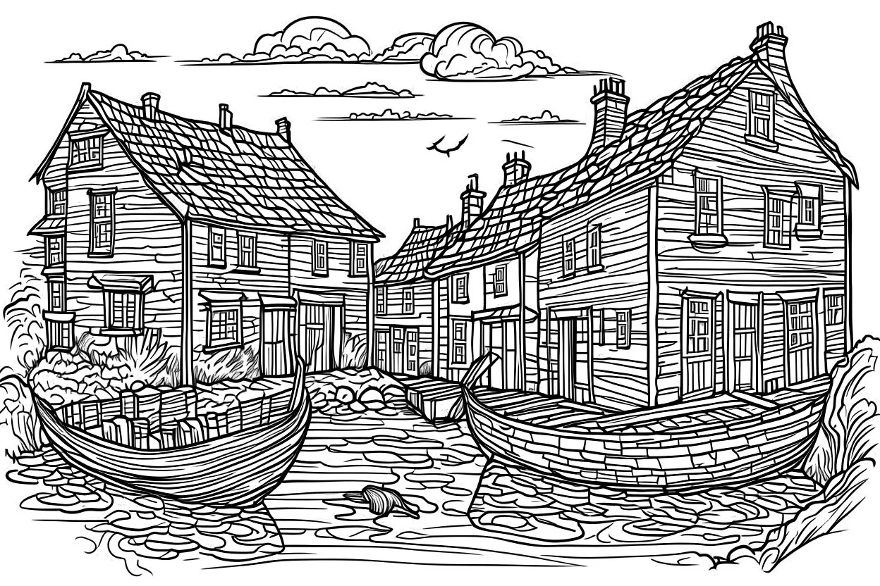 English fishing village thin light sketchy light hb pencil line art minimalist outlines