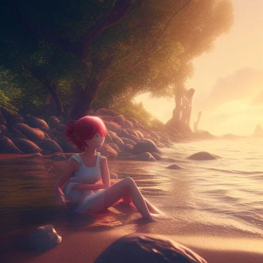 Little girl day, sunny, relaxing, sea, trees, real details anime style, realistic, glowing beach, 8k, octane render