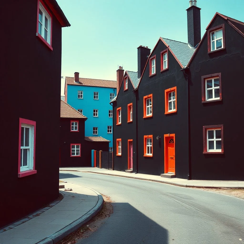 Fotografia di strada blu aperta weirdcore dai colori vivaci. Max Ernst. Le case sono dipinte di nero chiaro con g stilizzate e dettagli. Ci sono finestrelle quadrate, che danno un senso distopico e molto surreale, disposte in modo casuale. L'atmosfera generale sembra noiosa e onirica, con un contrasto tra elementi reali ed elementi dipinti
