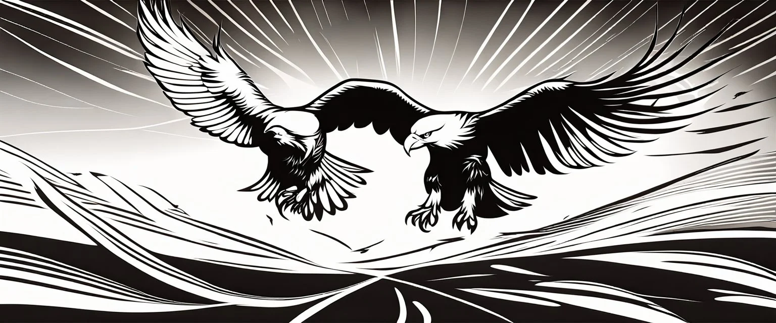 energetic lines blowing across the composition, eagle chasing smaller birds only on the right, a few feathers trailed behind, vector black on white