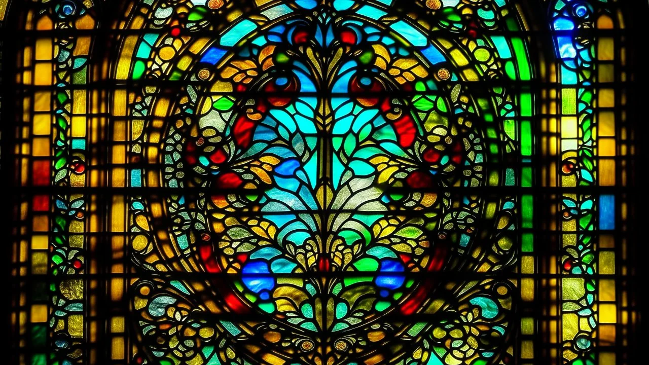 stained glass window, relaxation, luxury, dream world, calm beauty, symmetry, fantasy world, magic, beautiful composition, exquisite detail, 28mm lens