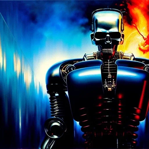 Drawing of 'Terminator T-800 Endoskeleton' painting by gaston bussiere, greg rutkowski, yoji shinkawa, yoshitaka amano, tsutomu nihei, donato giancola, tim hildebrandt,KyuYong Eom,Ren Wei Pan Oil on canvas, cinematic composition, extreme detail,fit full head inside picture,16k