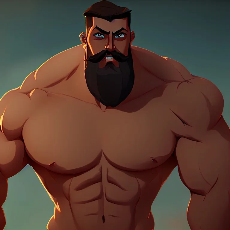 muscular shirtless man with big beard and big mustache and green eyes