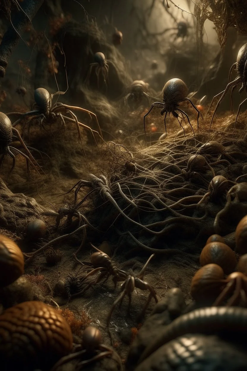 Bosch nightmares paint if style Title: spiders "Bees, farm, snakes " Tuttle snakes, intricate insanely , scorpions ,detailed octane render trending on artstation, 8k artistic photography, photorealistic concept art, soft natural volumetric cinematic perfect light, chiaroscuro, award-winning photograph, masterpiece, oil on canvas, Raphael, Caravaggio, Greg Rutkowski, people, beksinski, Giger