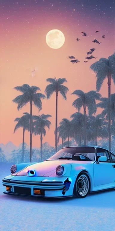 1980's aesthetic artwork vaporwave palm trees with lighting with moon with porsche in the winter snow