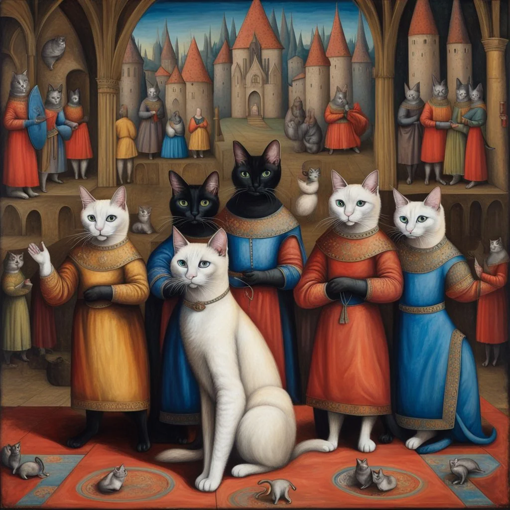 Siamese Cats in colorful costume performing on stage in a medieval opera, Hans Memling style, stylize 750, by yerka, by varo, encaustic