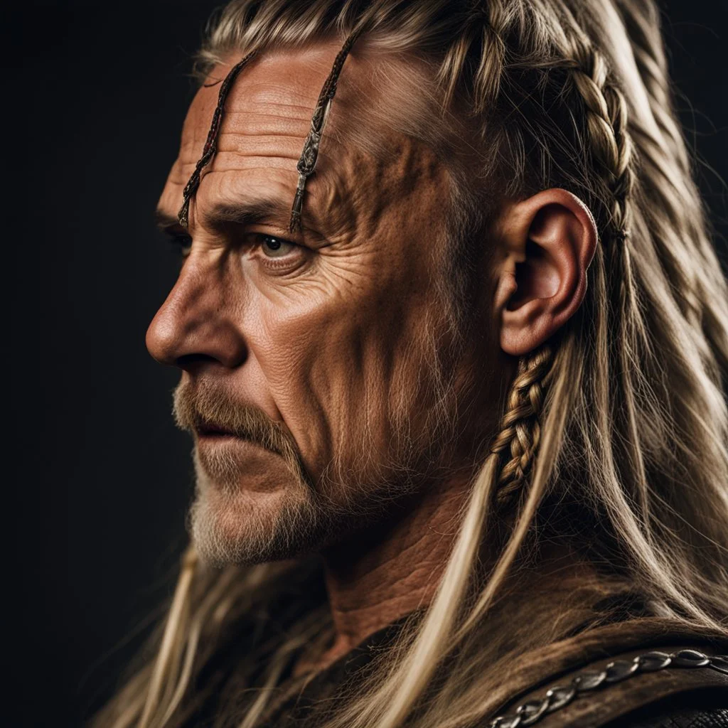 portrait of a 50-year-old viking ,blonde beard with grey highlight and long blond hair with Two small braids. Rugged face with a scar on his cheek.