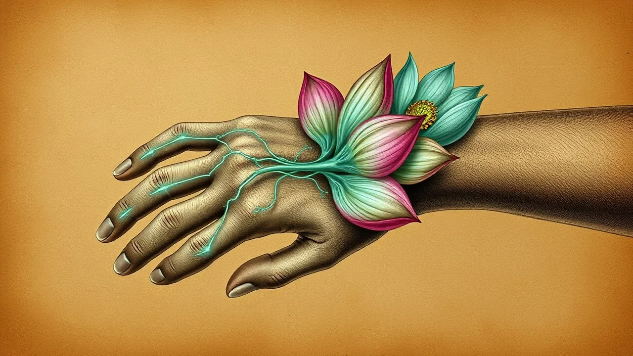Una ilustración digital con textura de grabado médico surrealista. Una mano humana diseccionada, donde los nervios son filamentos bioluminiscentes y los músculos son pétalos de flores de loto en diferentes estados de descomposición. El fondo es un papel pergamino teñido de marrón.