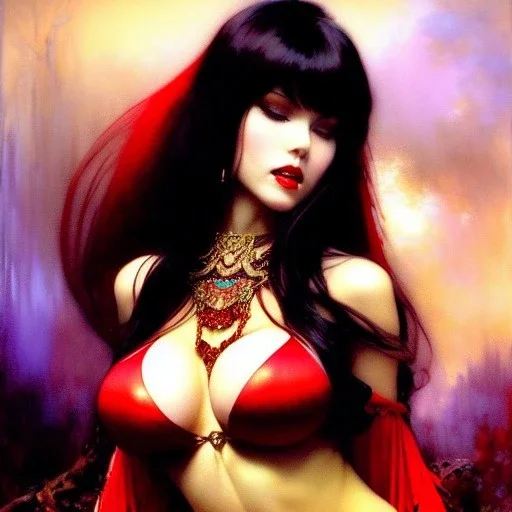 Drawing of beautiful face busty Vampirella,Sweet stare,wet balanciaga fashion clothe painting by gaston bussiere, greg rutkowski, yoji shinkawa, yoshitaka amano, tsutomu nihei, donato giancola, tim hildebrandt, oil on canvas, cinematic composition, extreme detail,fit full head inside picture,16k