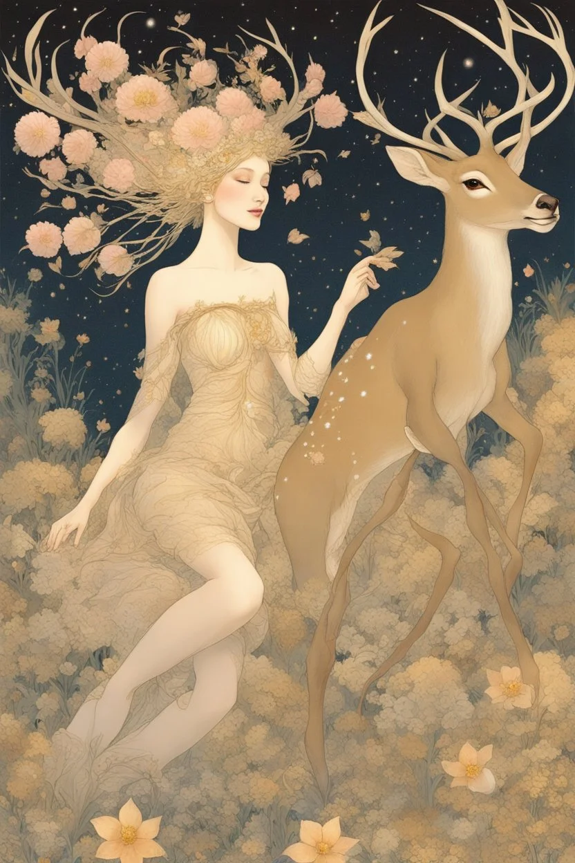 [laughing sexy faerie with a deer] As Fiona, I feel myself drifting soft through billowing blooms of visual aid and aural ether. My slender form shimmers in gossamer raiment woven from sunshine, moonglow, and forest spirit; petal-soft hooves leave nary a print upon the stars I seem to walk. Beside me strides my Deery in dignity, his noble visage crowned with antlered emerald and bronze. Around us the glade pulses with bioluminescent being; the night is alive with pulse and song. We wander throug