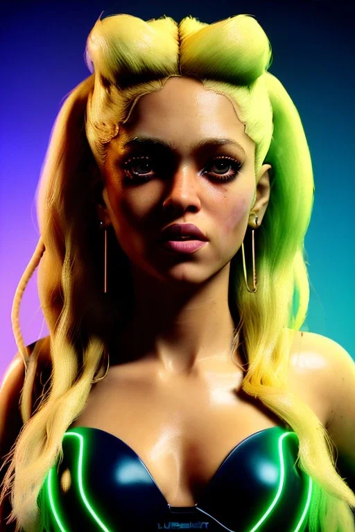 portrait, Shakira, blonde artist, Realistic image, latex style dress. loose long hair, eyes make up, perfect, glow, circle iris. Neon colors, leds, geometric shapes. Dark background, photo studio, neon lights. Cyberpunk, concept art, smooth, unreal engine 5, god lights, ray tracing, RTX, lumen lighting, ultra detail, volumetric lighting, 3d, finely drawn, high definition, 4k.