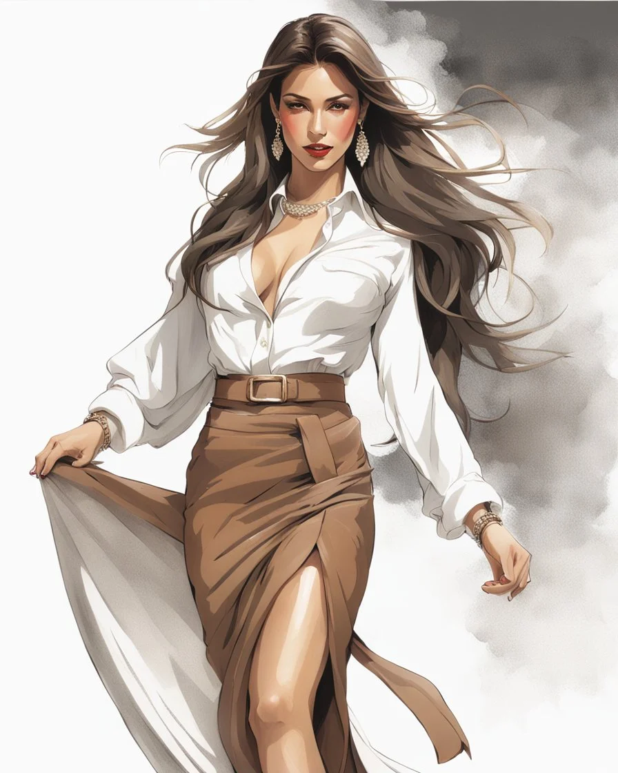 Drawing of a well-dressed Latina woman with a full shirt and long skirt, with long loose straight hair, brown, completely with her back to the camera, face completely with her back to the camera, (((face cannot be seen))), with head tilted very forward looking at navel