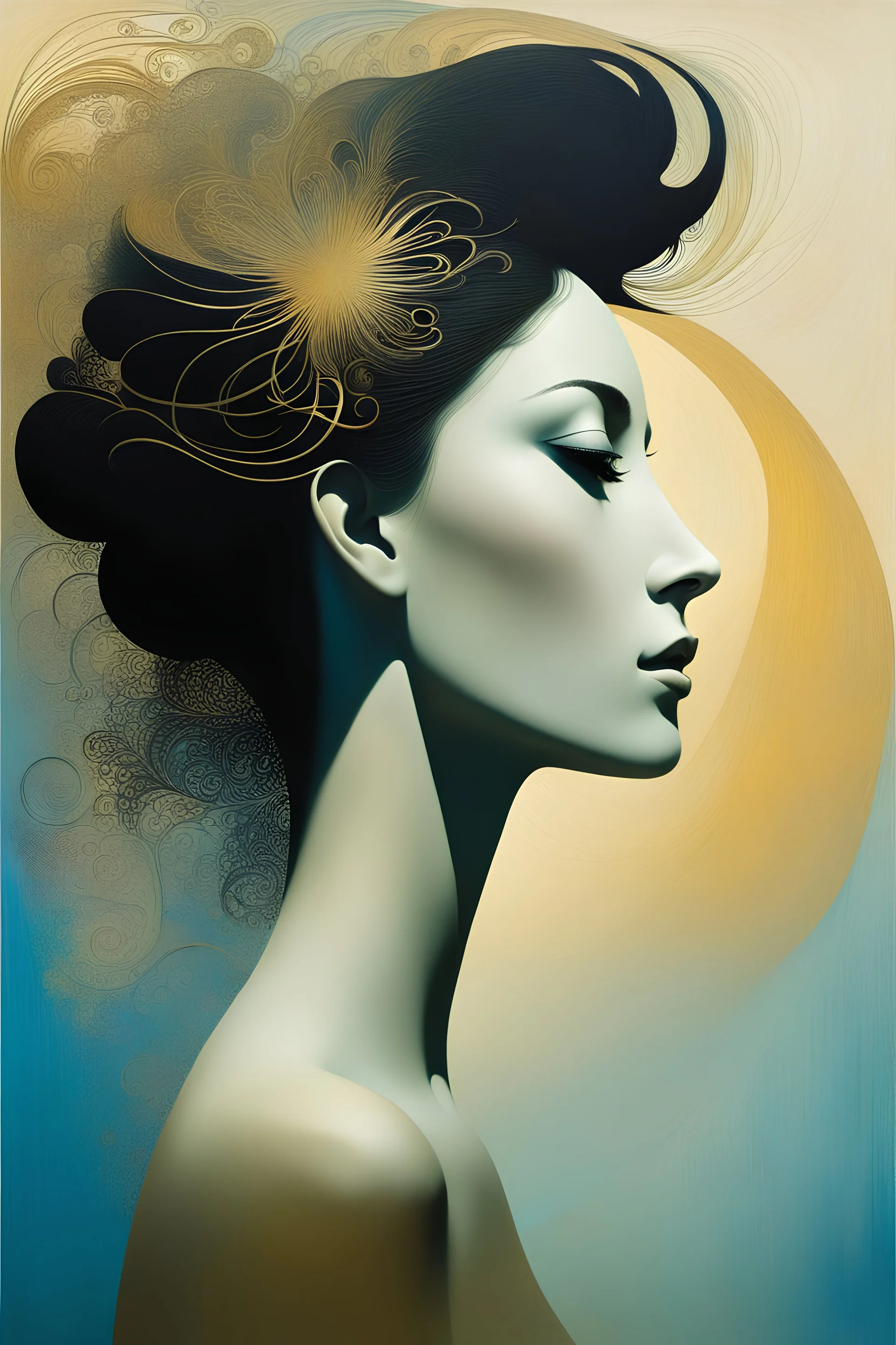 Masterpiece, full head in image, woman, Abstract, left side silhouette, In the style of jean cocteau, zdislaw beksinski,Aubrey Beardsley,Naoto Hattori, accent soft color, Masterpiece