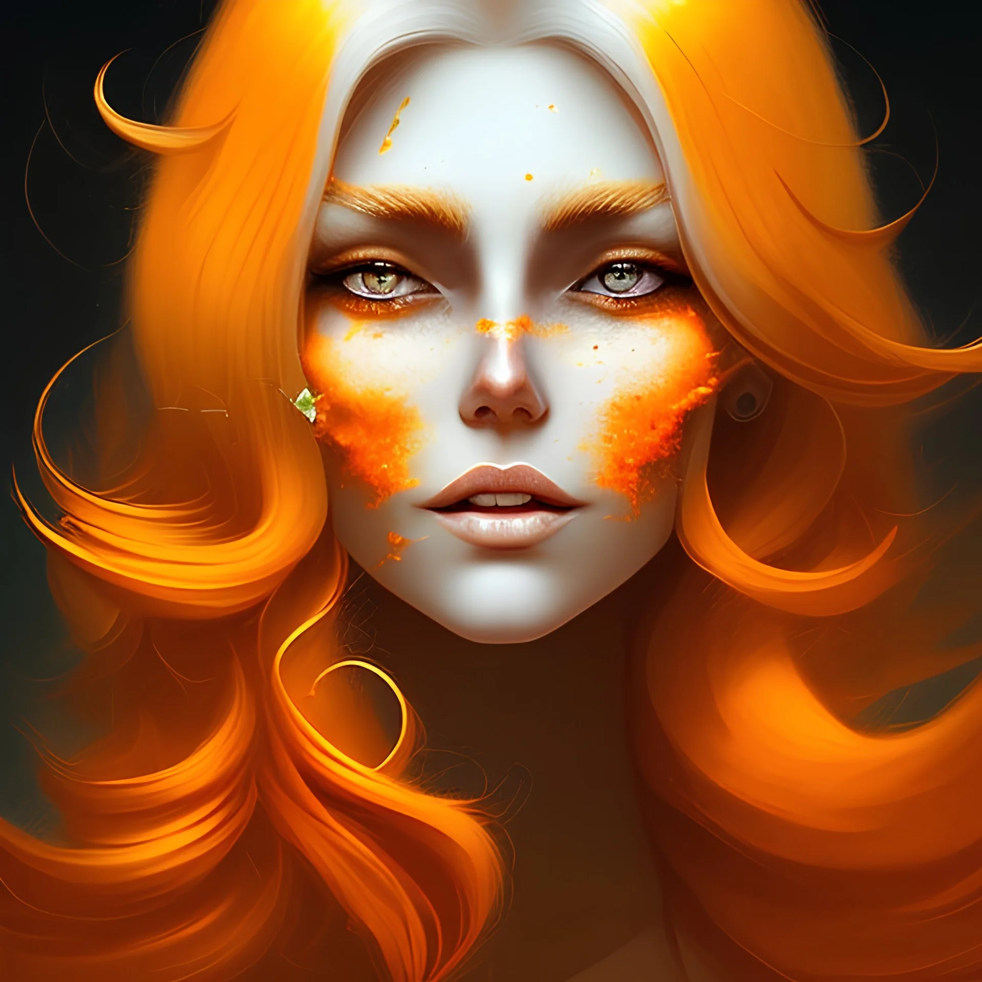 fantasy setting, woman, streaked orange and white hair, wavy hair, freckles, ranger, more orange hair, more white hair