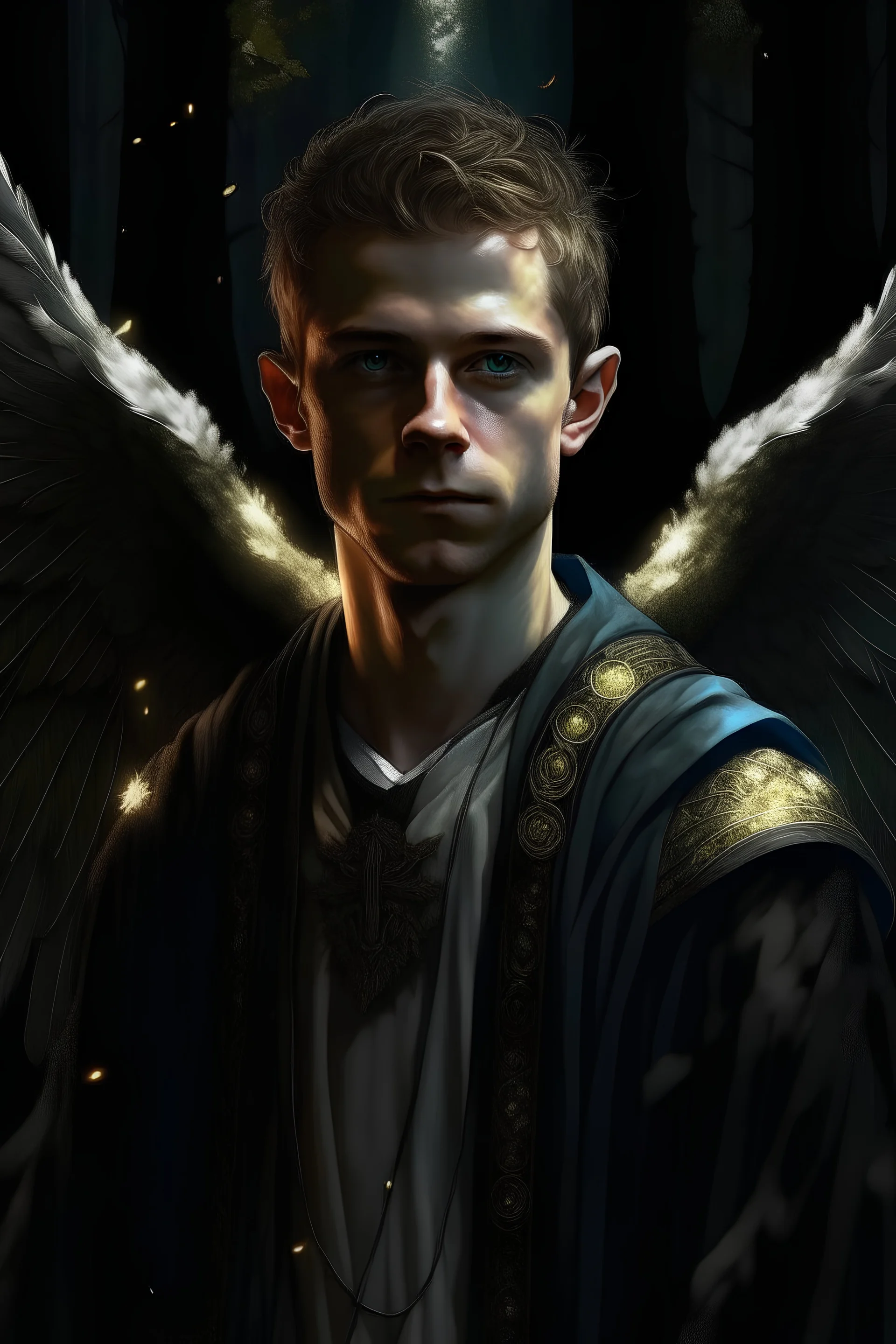 portrait of a celestial male archangel with characteristic clothing, in a forest with black backgrounds realistic style