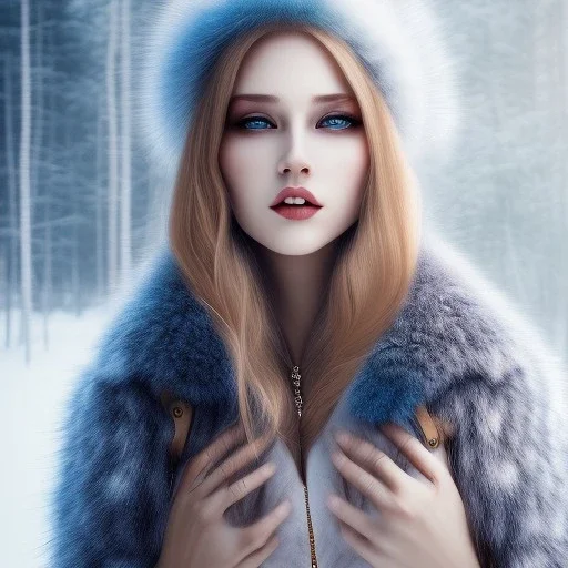 Woman in fur coat, ice, blue, forest, snow, beautiful, mountain, masterpiece, expert, 8K, hyperrealism, sharp focus, cinematic lighting