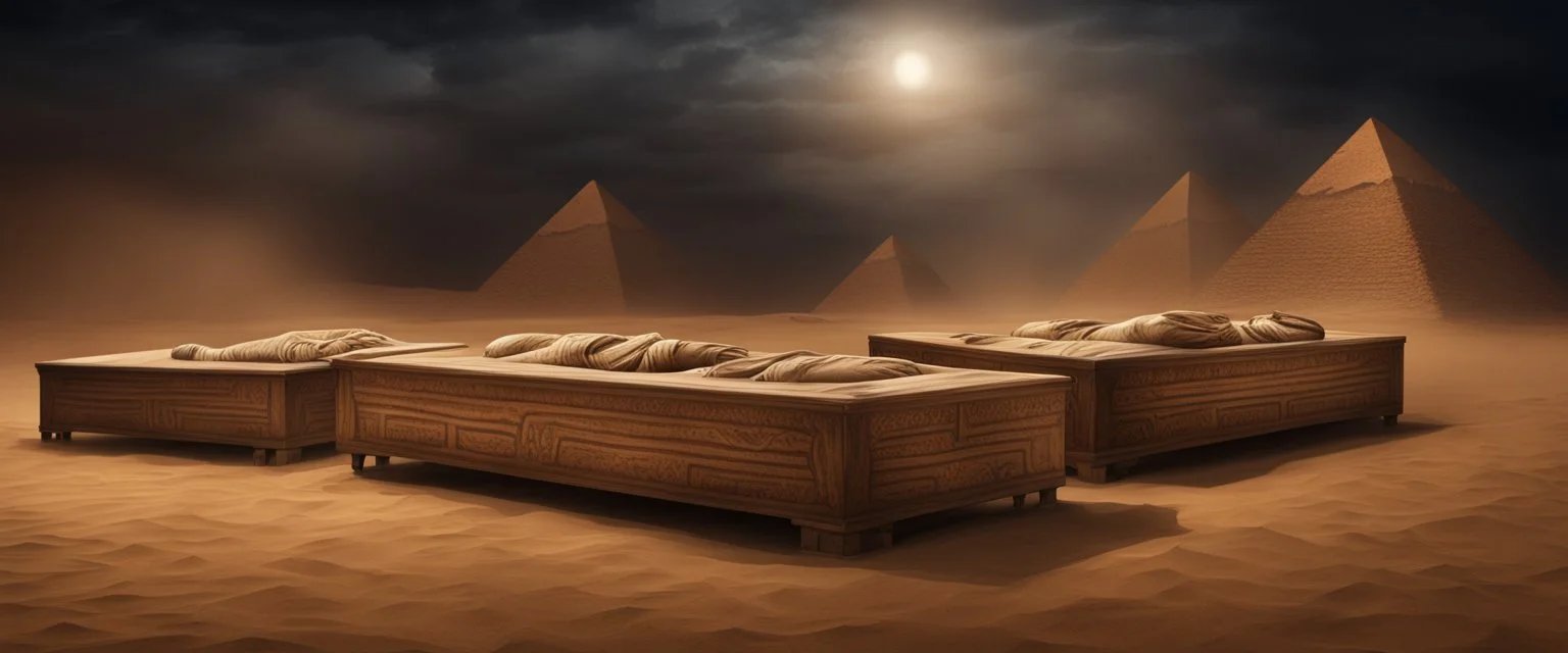 Hyper Realistic haunted view of Egyptian mummy coffins outside Pyramids with sandstorm at dark night