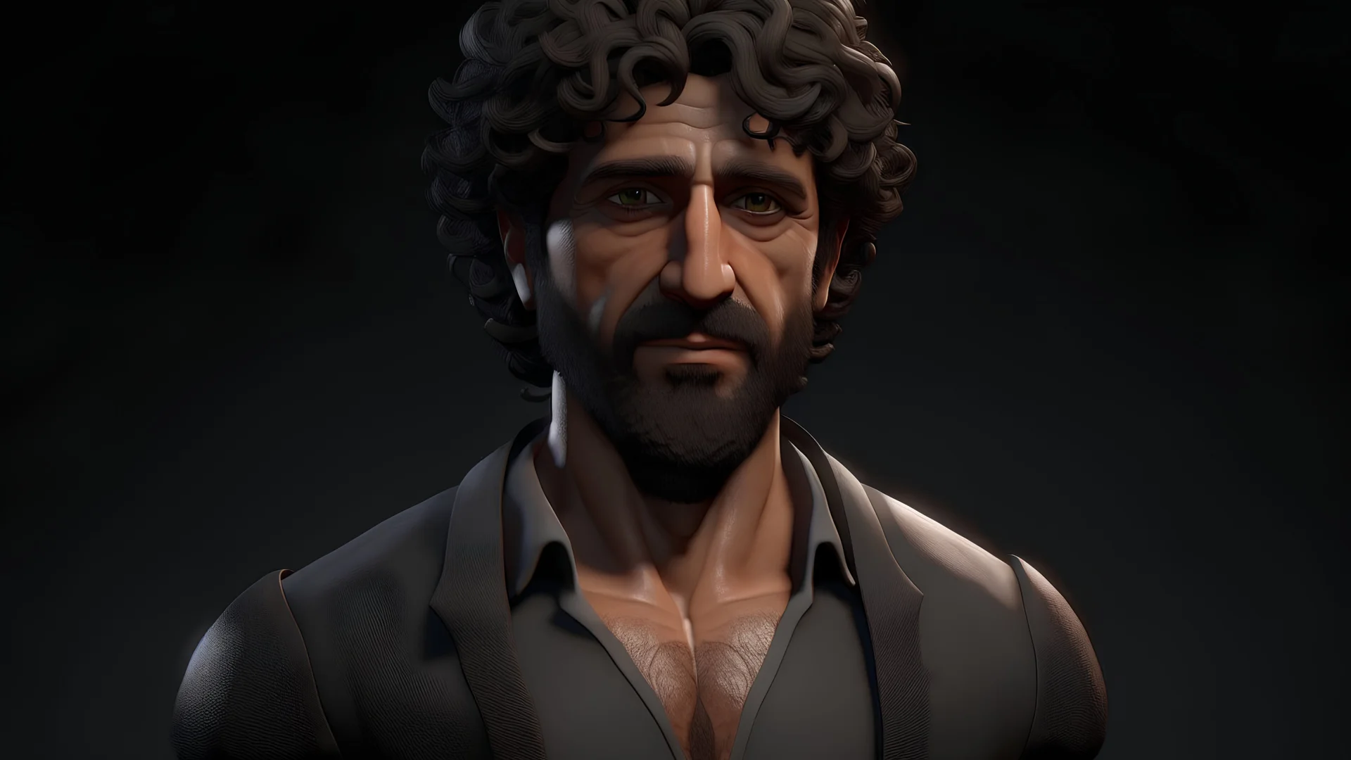 A classic Arabic business man with brown short curly hair and brown eyes, with a dark beard and strong muscles, 8k, 3D animated style, dark grey background-ar96.