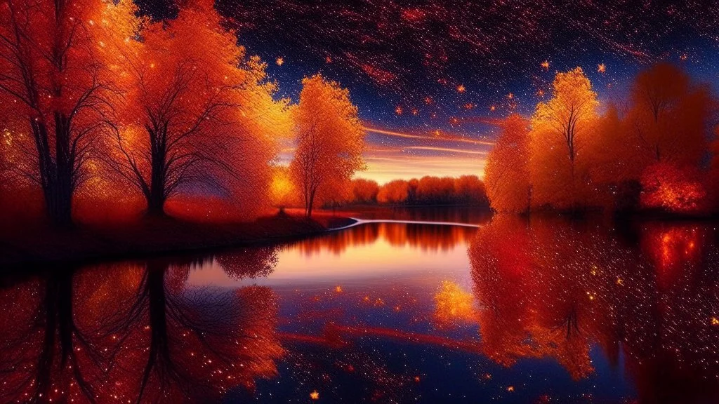 River, trees with golden and red leaves, autumn, a beautiful night sky, visible galaxies