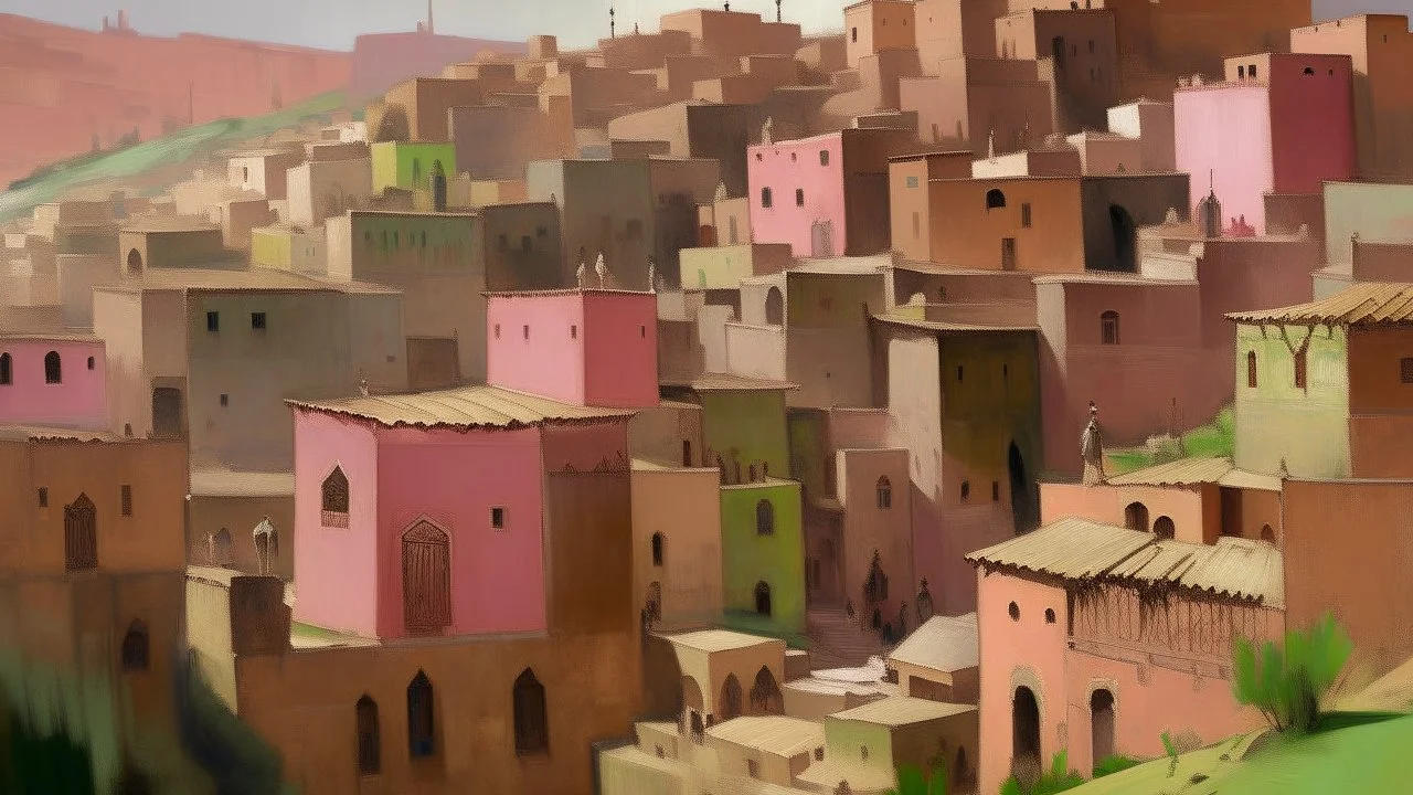 Oil painting of a village in Morocco, with buildings constructed from adobe, painted in a muted palette of pinks, browns, and greens. The buildings are multi-storied, with flat roofs and small windows, clustered together on a hillside. The brushstrokes are visible and textured, giving the painting a sense of depth and movement. In the foreground, there are figures dressed in traditional Moroccan clothing, adding a sense of scale and human presence to the scene. The overall impression is one of w