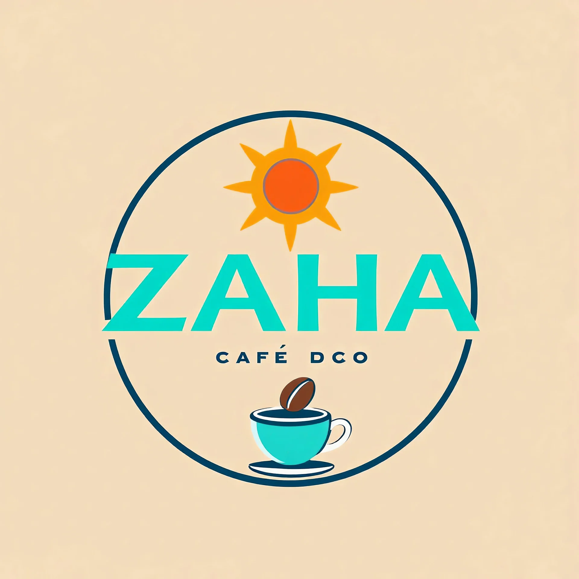 A circular logo with the name (ZAHA) designed for a cafe with the sun symbol and turquoise and indigo color and a coffee bean and a coffee cup at the bottom of the logo and a blue and black circle around the work