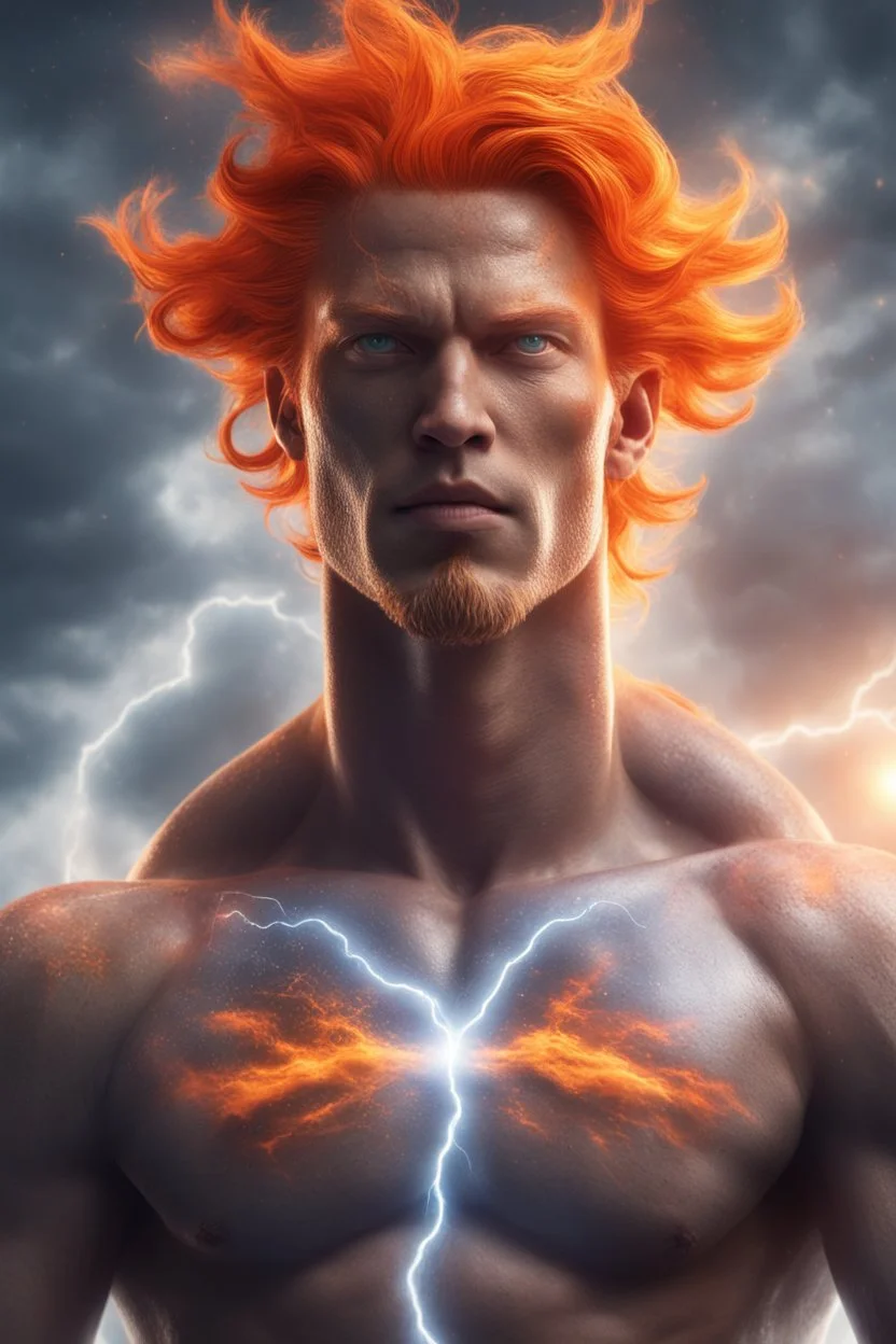 a slim muscular god with galaxy's in his eyes, glowing orange hair that looks like it's made of the sun, a light gray body made of clouds with glowing cracks of orange within it in cloud patterns. lightning crawls up his face. necklace made of water. realistic 4k