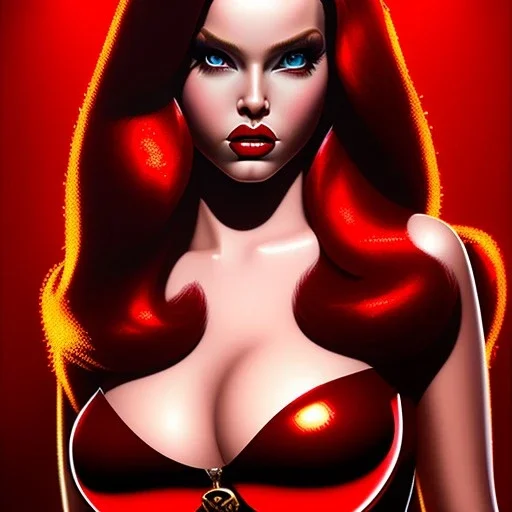 portrait oil on canvas, beautiful busty Jessica Rabbit , intense stare,minimal skintight RED latex dress, realistic, intricate detail , masterpiece, volumetric lighting, Sharp Contrast, highly detailed ,cinematic , deep colours , 8k, in the style of Adam Hughes