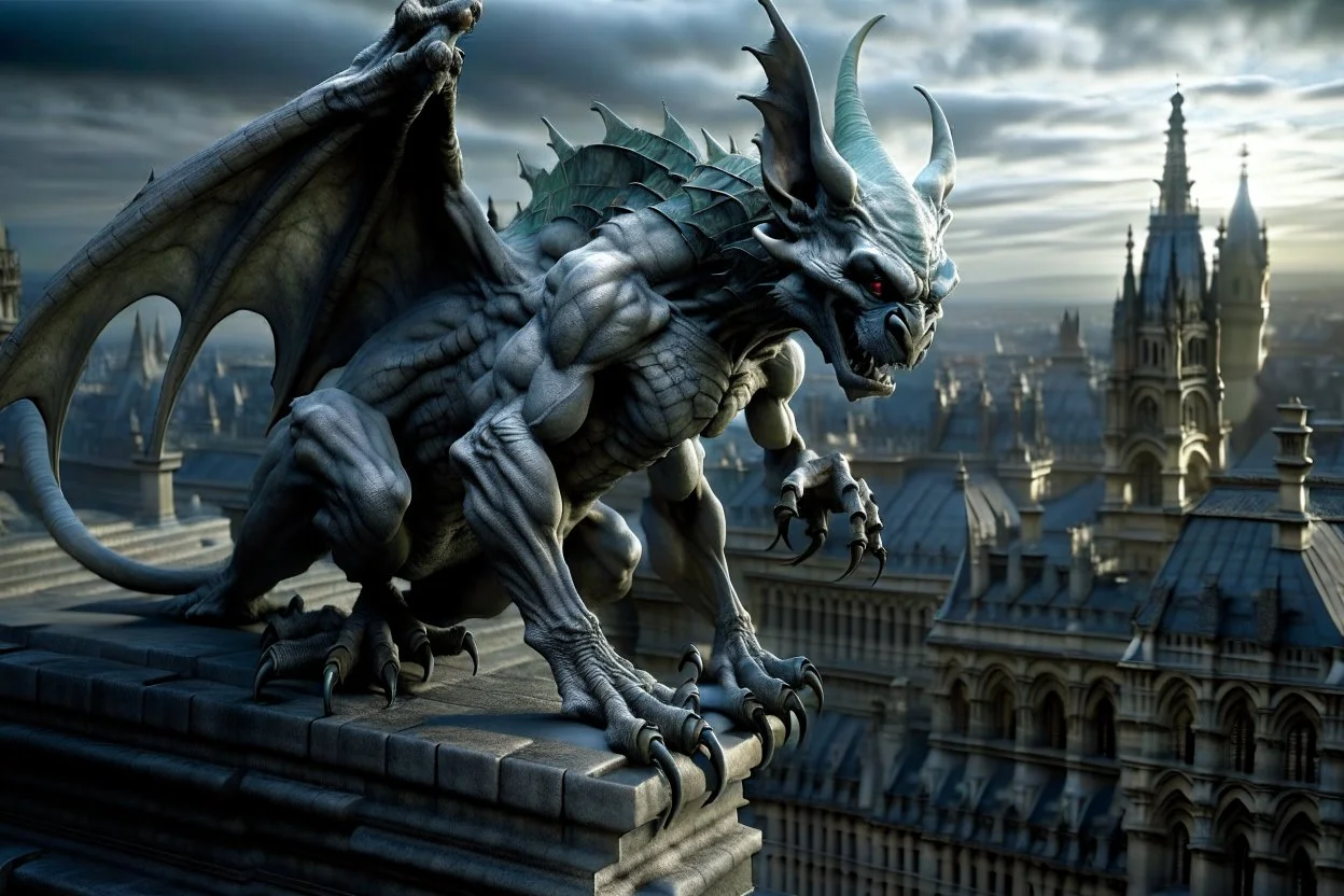 captivating and highly detailed fantasy, gothic illustration featuring a grayish Gargoyle with curly bluish hair crouching above the city, leaning forward to observe the people below. Style of artist Anne Stokes, Gothic, Dark Fantasy, photo, 3d rendering, cinematic