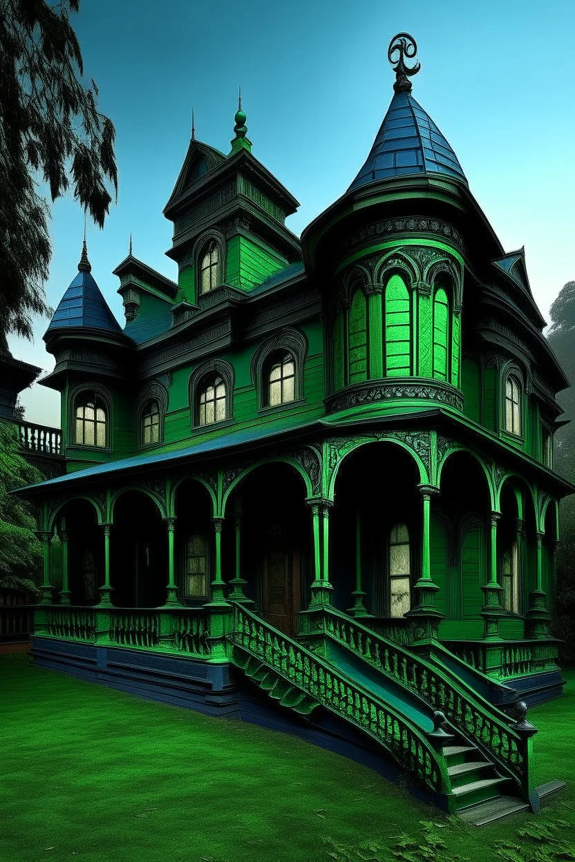 A dark green and navy blue haunted warped mansion designed in Mehndi design painted by Birge Harrison