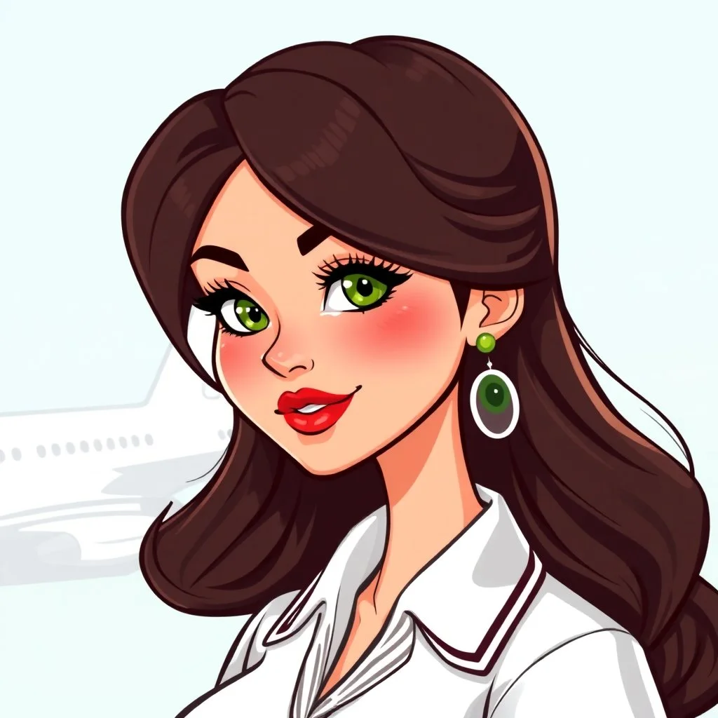 realistic cartoon style passport photo of a beautiful brunette French stewardess who looks like Elodie Cherie. she has pouty red lips, long eyelashes and green eyes.