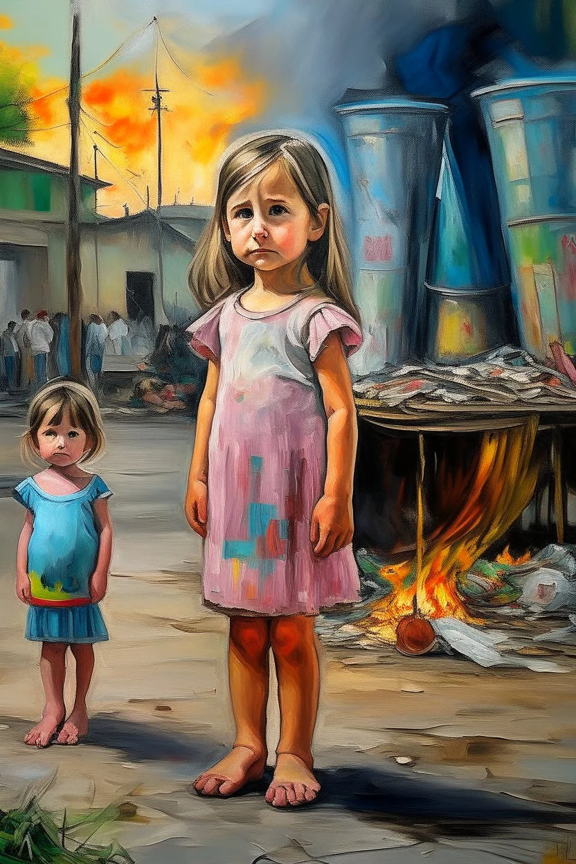 an expressive painting of a 3 years old girl poor with Ruth clothes standing in line with out her children’s asking for food with a pan in her hand painting, a large space rocket base behind ready to be lunched in the background, we might see a companion with features of absolute strength and determination, blended with warmth and deep faith. Perhaps his face expresses wisdom and courage, with eyes radiating confidence and faith.