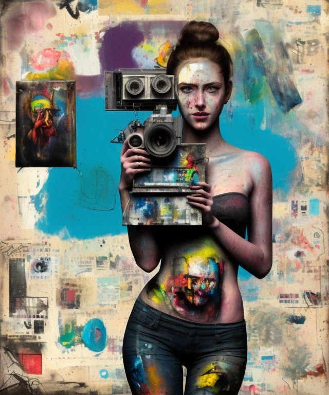 happy beautiful girl holding big proffesional camera in studio. street art, oil on canvas, spray paint, collage, letters, newspapeers, Dave McKean, Vladimir Fedotko, Saturno Butto, Vaughn Bodé, Frank Wu, James C. Christensen, collage, dirty, paint dripping, radiant