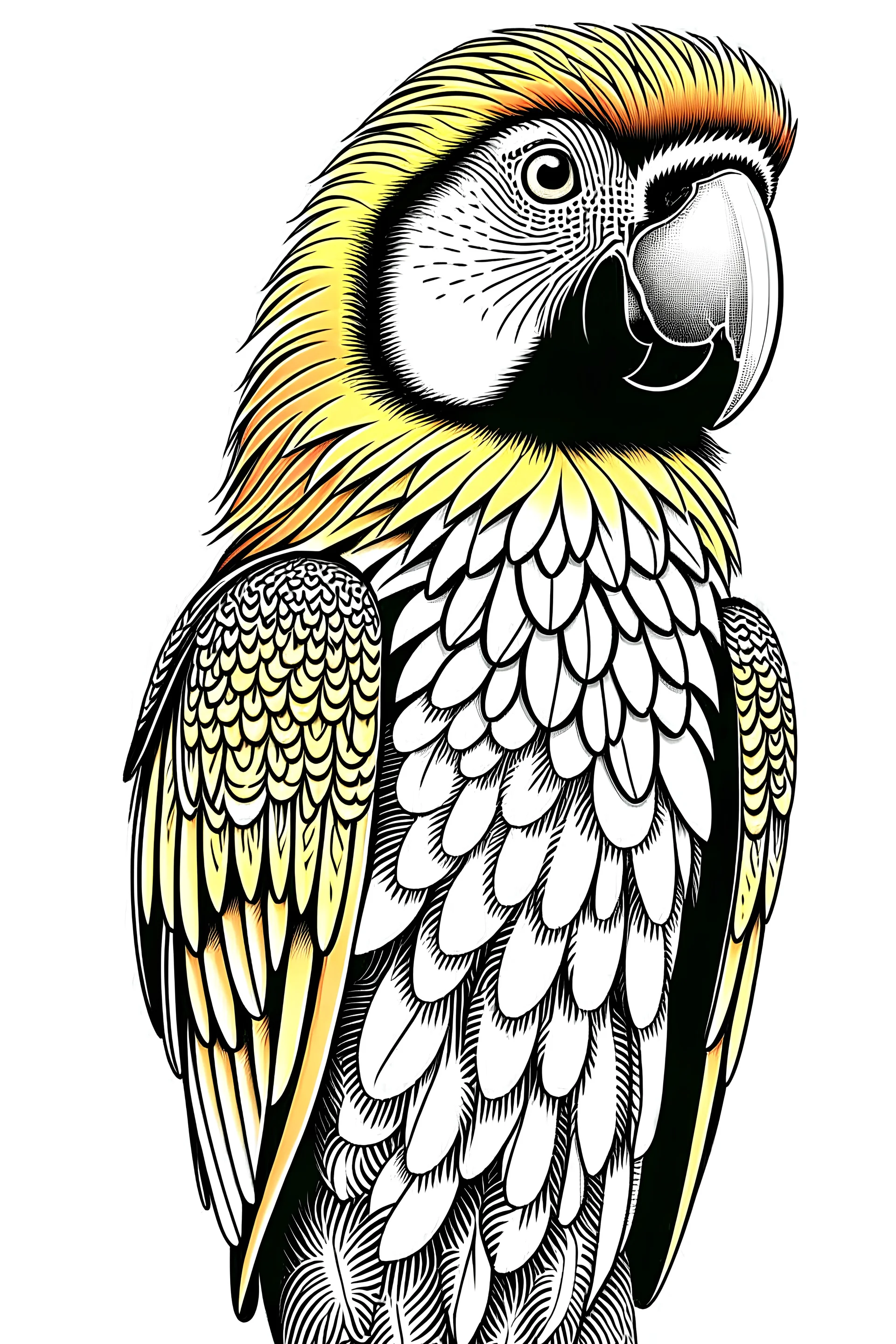 Parrot bird, line art, asthetic, realistis, white background, front view