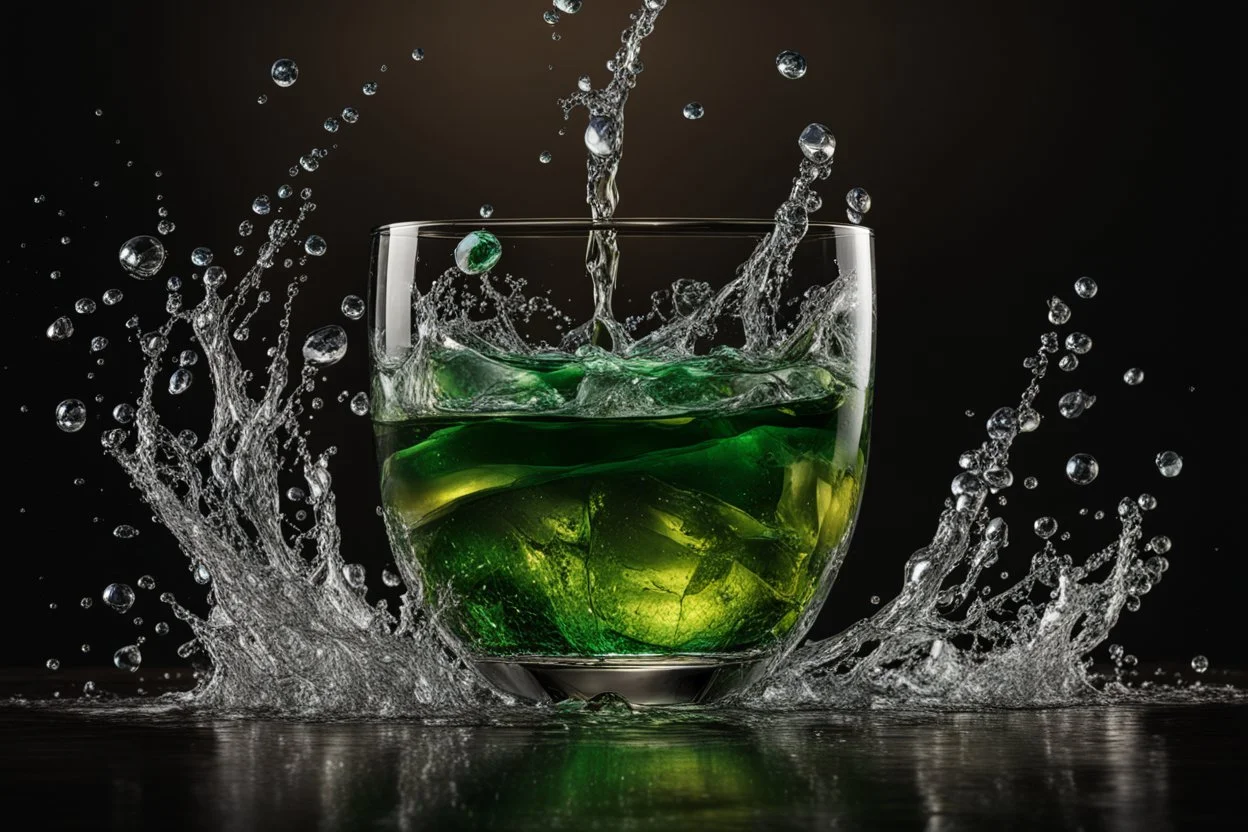 stunning emerald gemstone hitting a glass bowl, exploding water, hyperrealistic image , the water drops splashing in the air, Professional photography 64 megapixel sharp focus excellent quality, perfect light, ultra realistic perfect composition award winning image