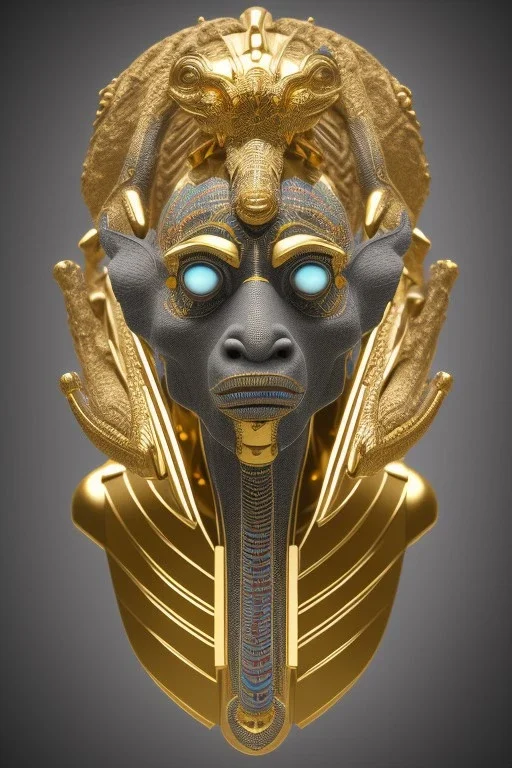 Anunnaki black male African Egyptian alien, cracks in the voodoo head, wicked, eyes, crown, Elephant, 8k, finely detailed, photo realistic, tiger turquoise skull head gold dragon space alien snow skeleton gold gorilla silver crown silver eyes