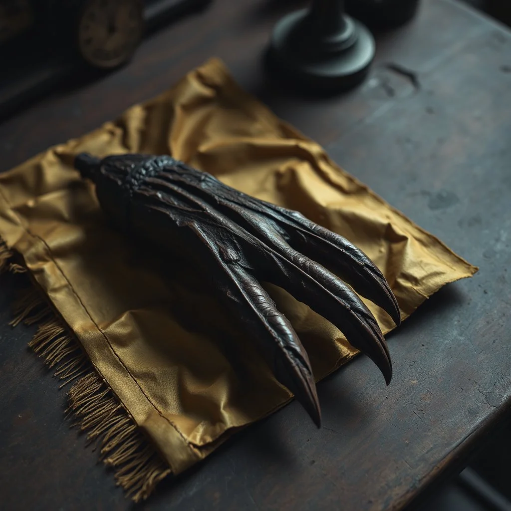 arcane, unsettling dread. withered preserved brown monkey paw charm talisman laying on an unwrapped oily gold cloth on a old dusty desk, dull colors exacerbating an atmospheric gloom. gnarly, dark negative space,